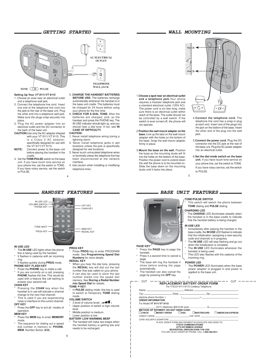 VTech 9111, VT 9115 important safety instructions Getting Started, Handset Features, Base Unit Features 