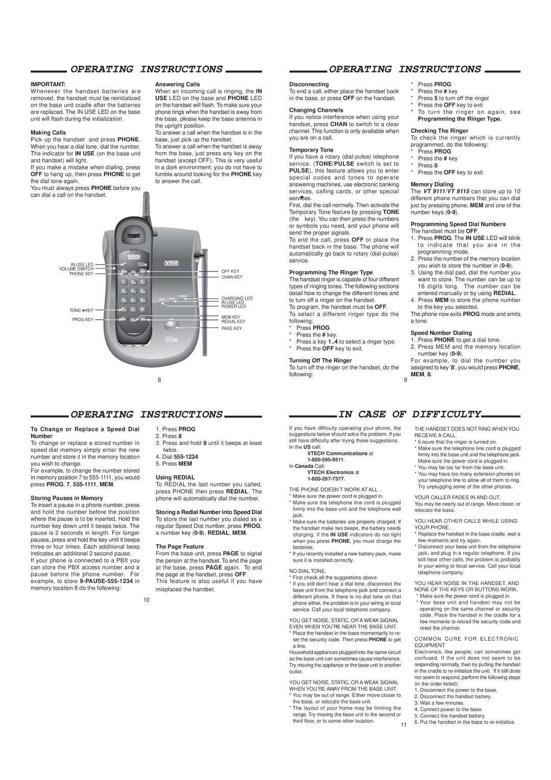 VTech VT 9115, 9111 important safety instructions Operating Instructions Case of Difficulty 