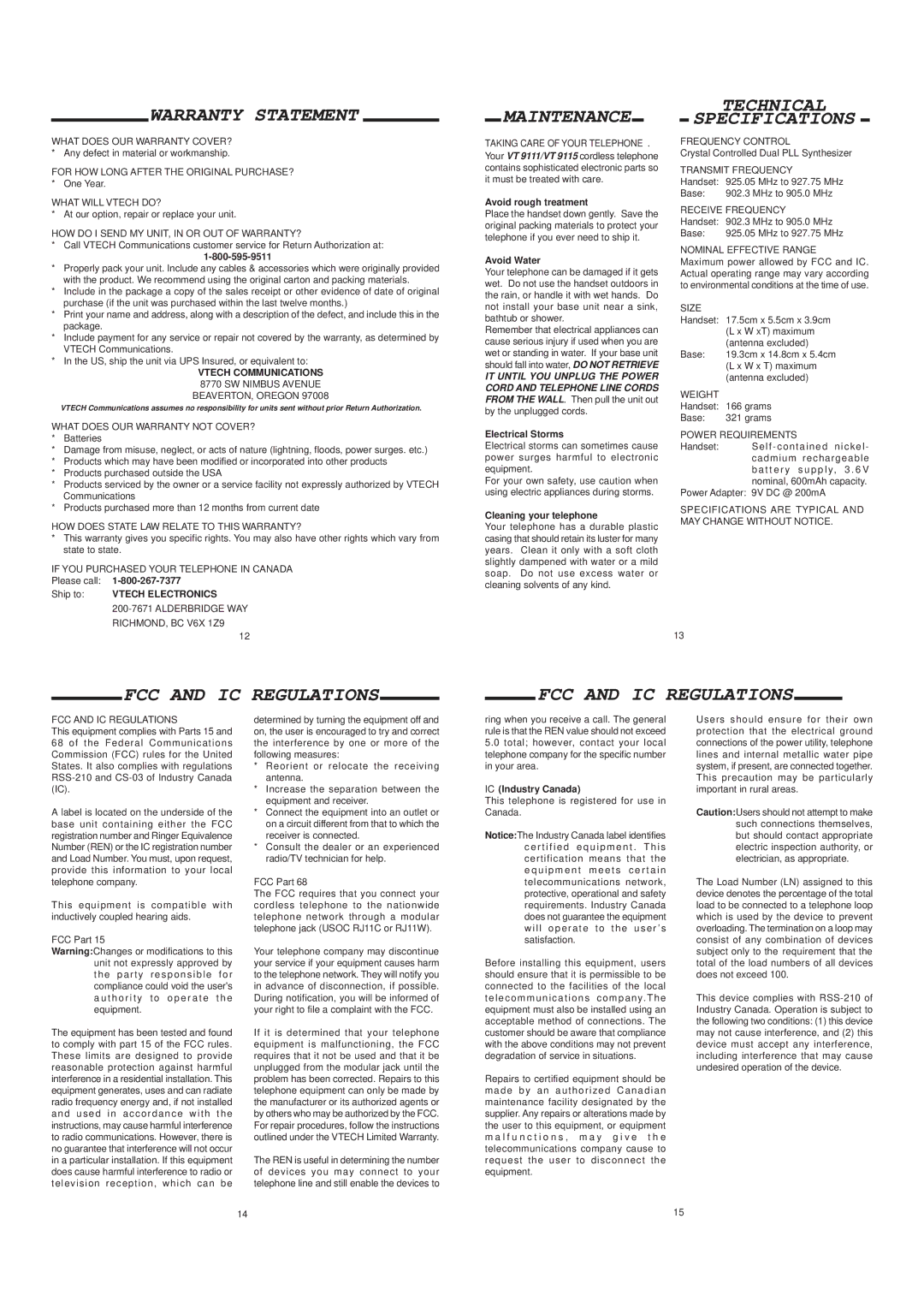 VTech 9111, VT 9115 Warranty Statement, Maintenance, Technical Specifications, FCC and IC Regulations 