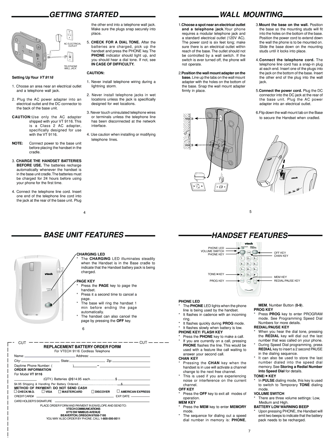 VTech 9116 important safety instructions Getting Started Wall Mounting, Base Unit Features, Handset Features 