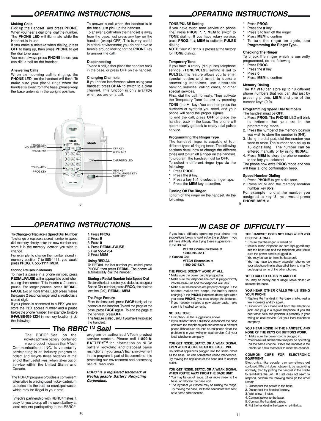 VTech 9116 important safety instructions Operating Instructions Case of Difficulty, Phone, Mem 