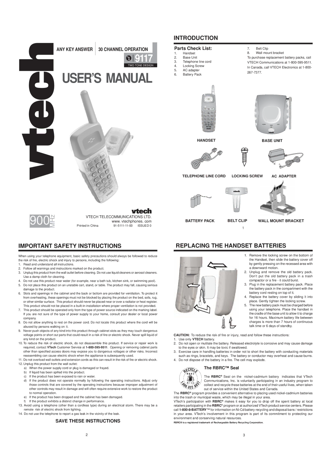 VTech 9117 user manual Important Safety Instructions, Introduction, Replacing the Handset Batteries 