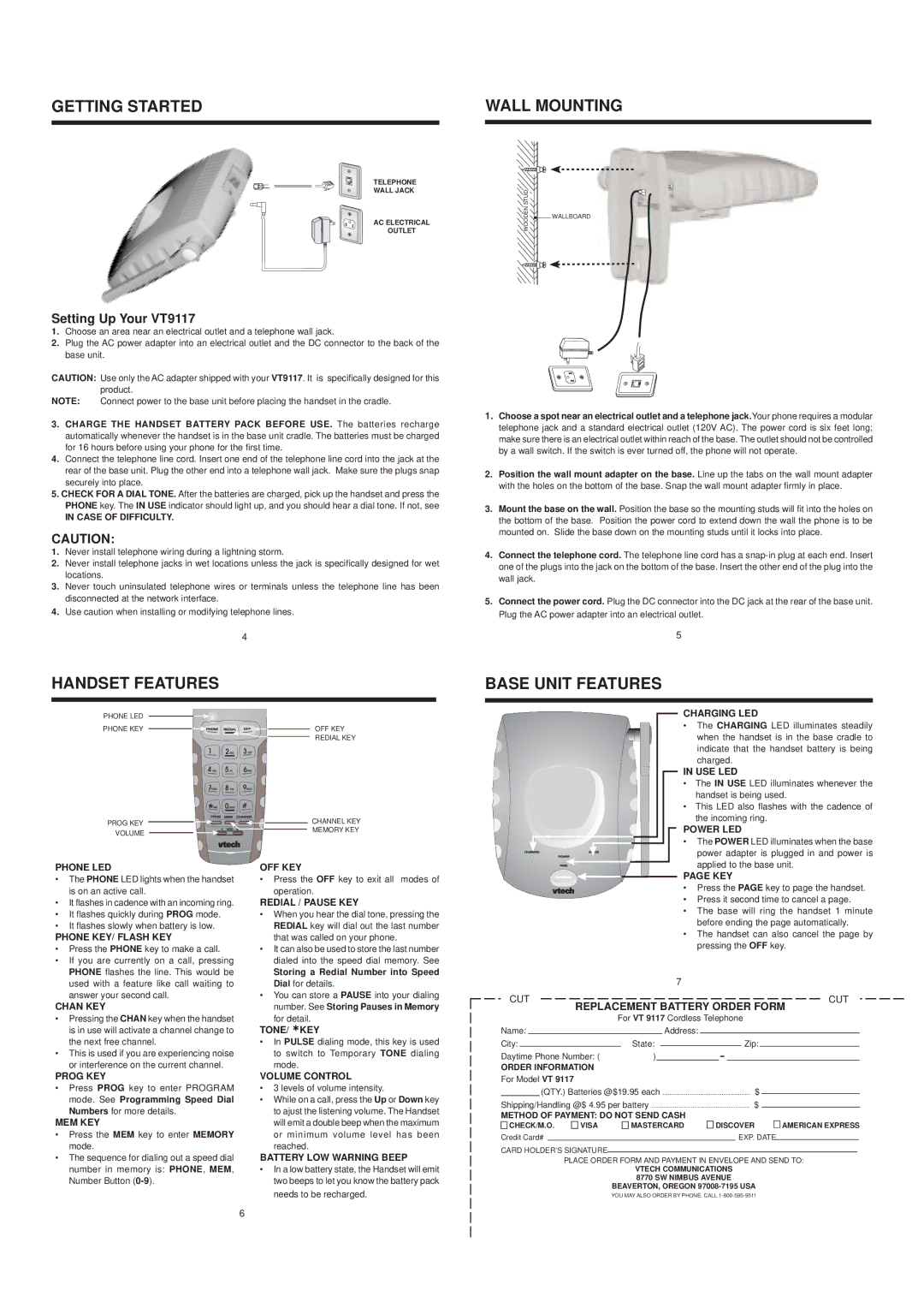 VTech 9117 user manual Getting Started Wall Mounting, Handset Features, Base Unit Features, Replacement Battery Order Form 