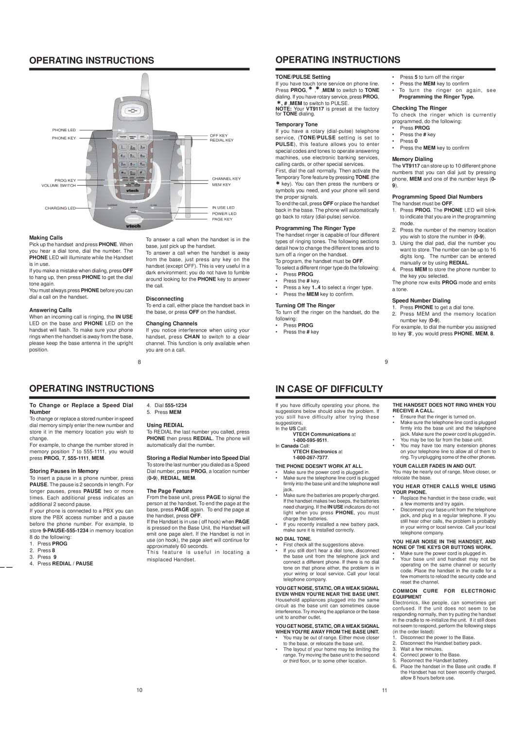 VTech 9117 user manual Operating Instructions Case of Difficulty 