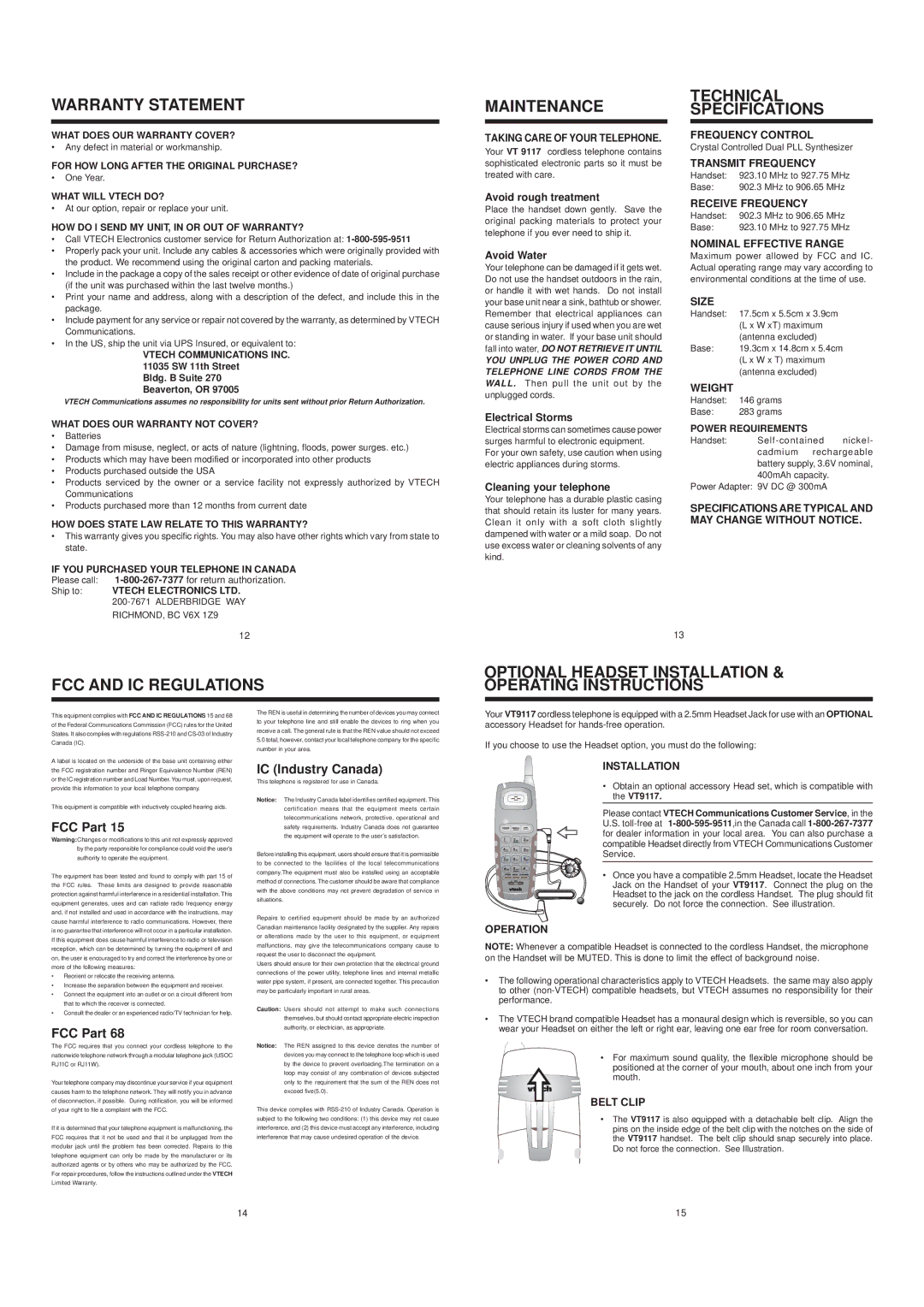 VTech 9117 user manual Warranty Statement, Maintenance, Technical Specifications 