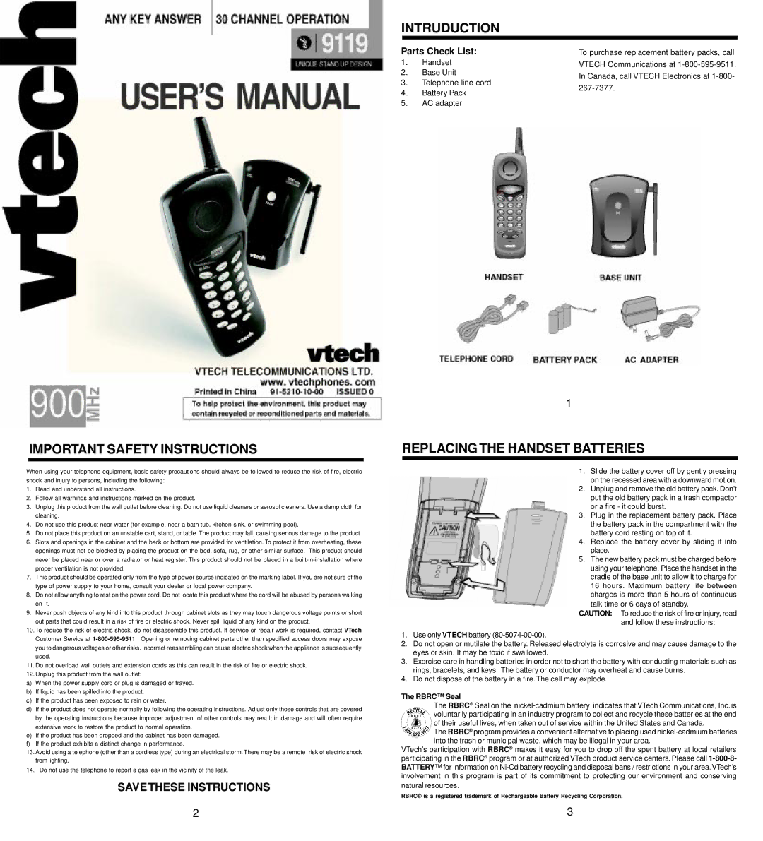 VTech 9119 important safety instructions Important Safety Instructions, Intruduction, Replacing the Handset Batteries 