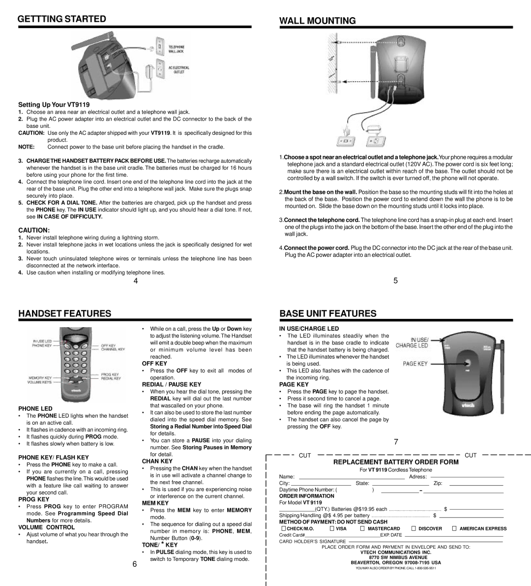 VTech 9119 Gettting Started, Handset Features Wall Mounting, Base Unit Features, Replacement Battery Order Form 