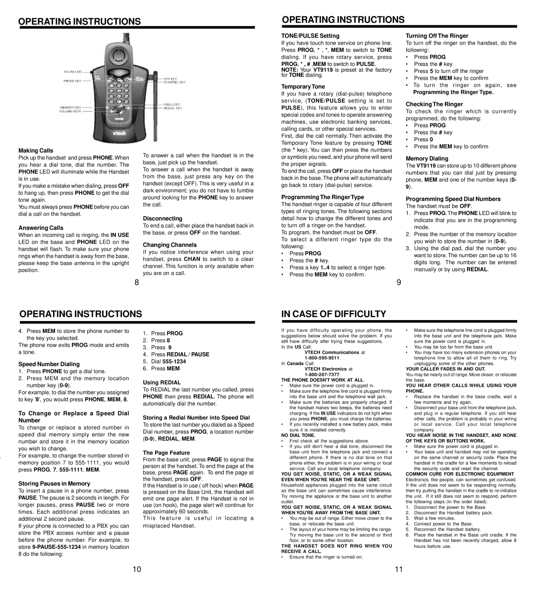 VTech 9119 important safety instructions Operating Instructions Case of Difficulty 