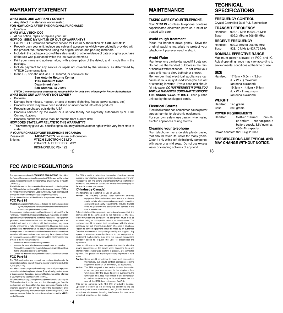 VTech 9119 important safety instructions Warranty Statement, Maintenance Technical Specifications, FCC and IC Regulations 