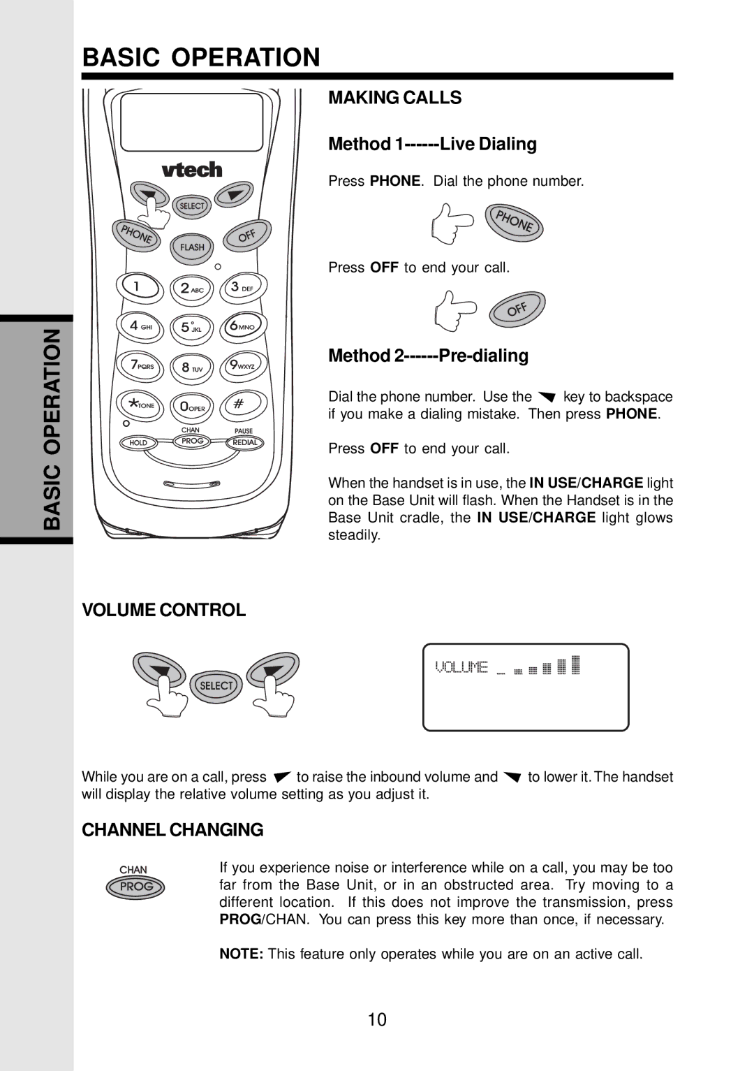 VTech 9126, VT 9123 important safety instructions Basic Operation, Making Calls, Method, Volume Control, Channel Changing 