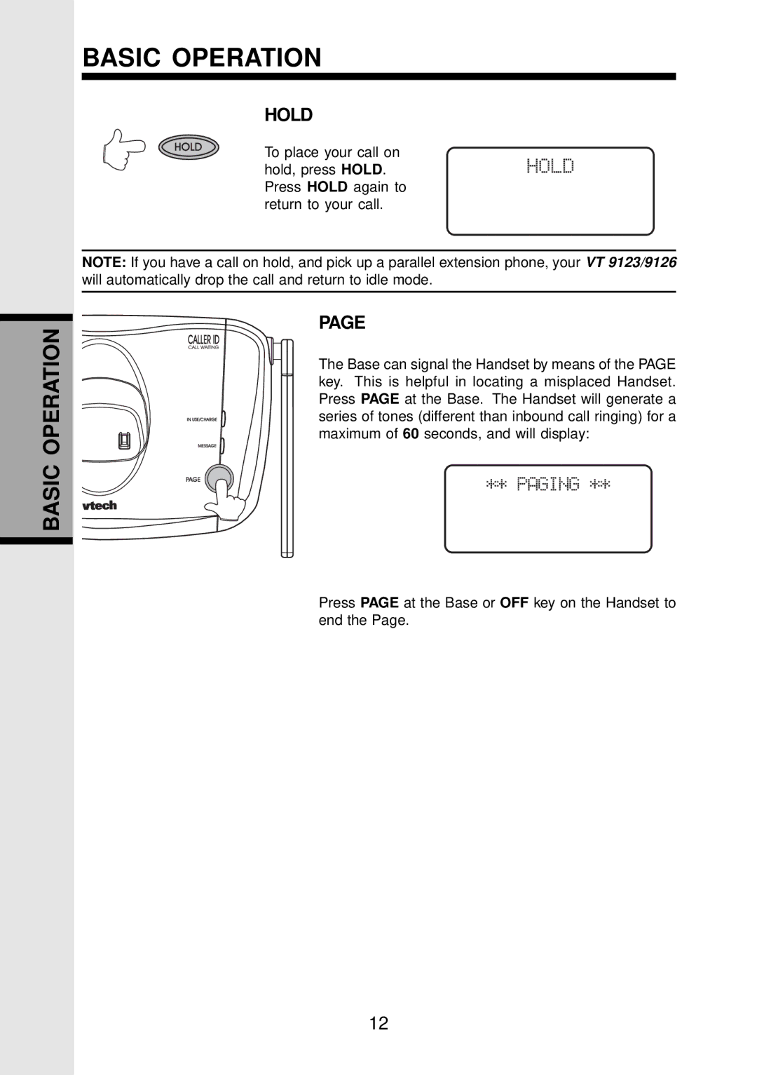 VTech 9126, VT 9123 important safety instructions Hold 