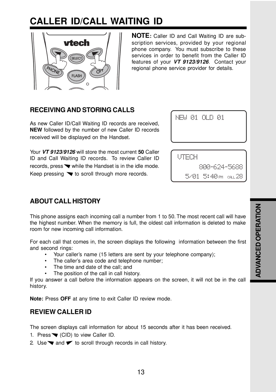 VTech VT 9123, 9126 Caller ID/CALL Waiting ID, Receiving and Storing Calls, About Call History, Review Caller ID 