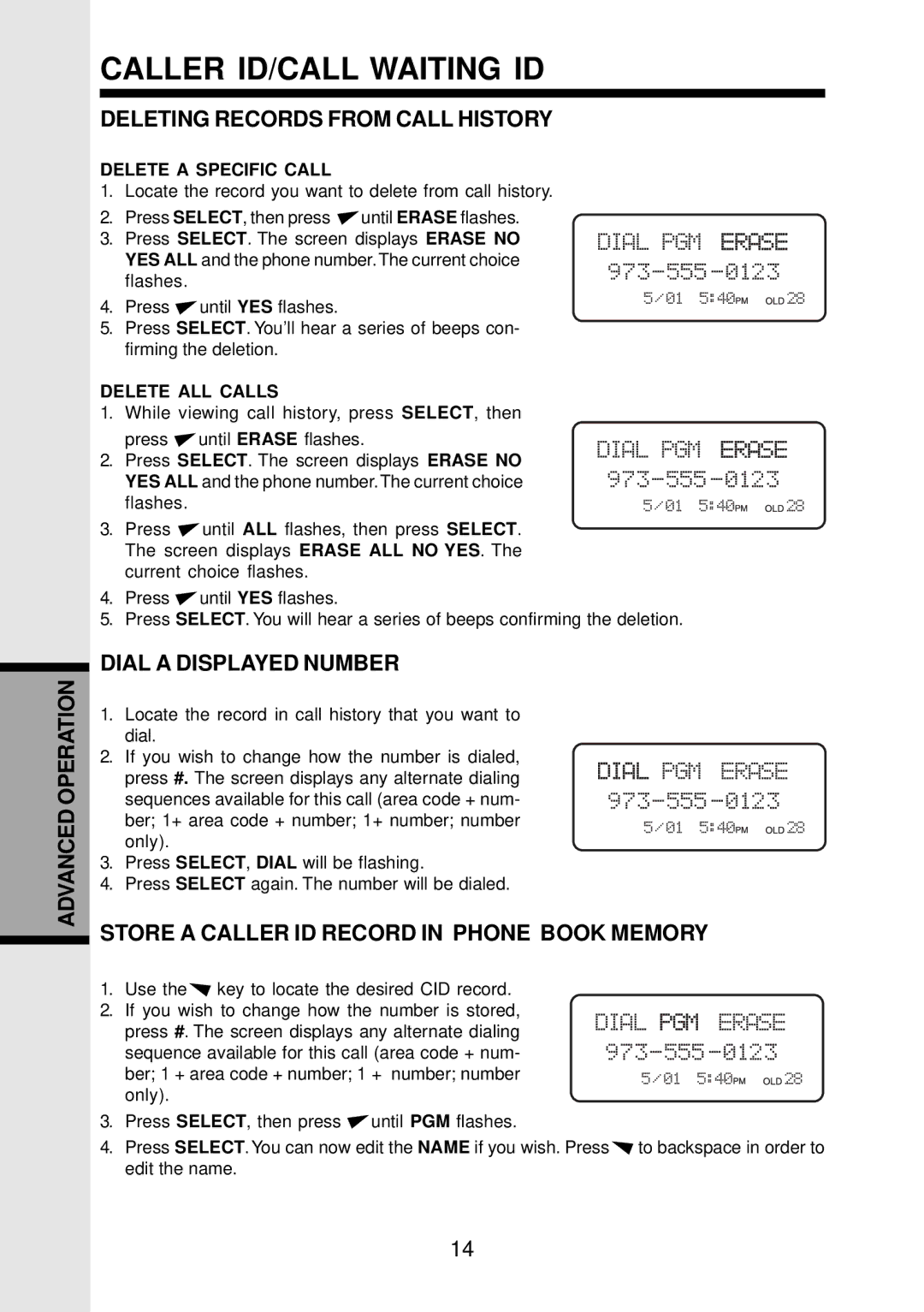 VTech 9126 Deleting Records from Call History, Dial a Displayed Number, Store a Caller ID Record in Phone Book Memory 