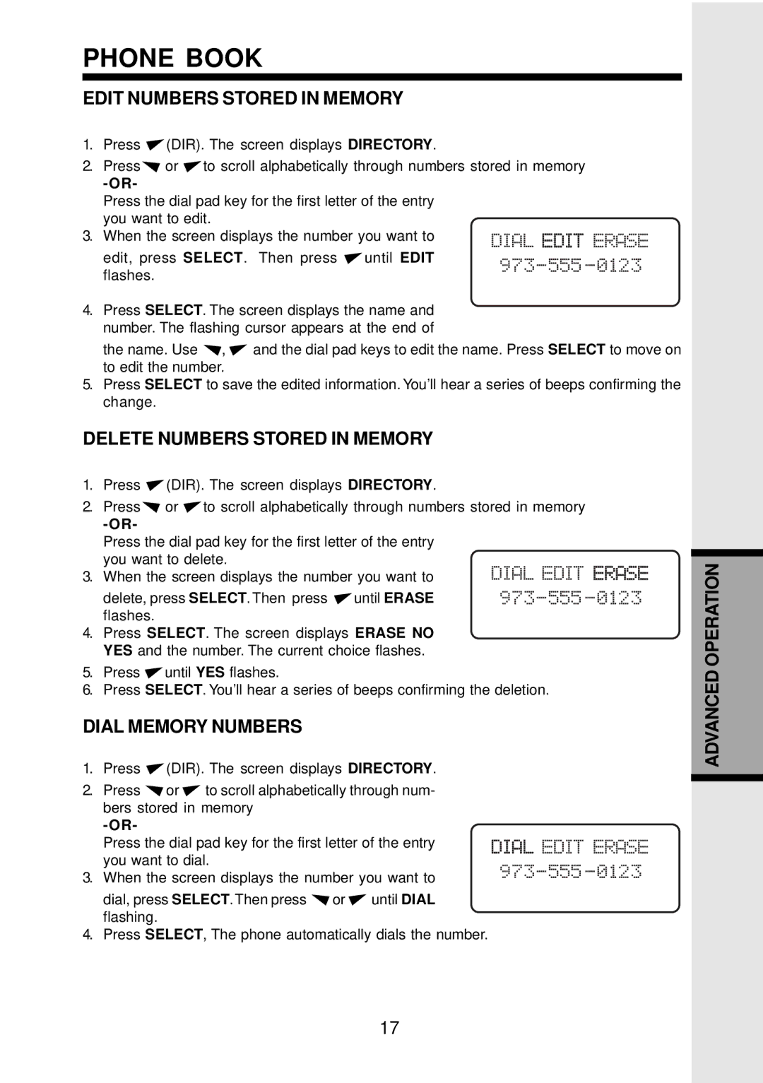 VTech VT 9123, 9126 Edit Numbers Stored in Memory, Delete Numbers Stored in Memory, Dial Memory Numbers 