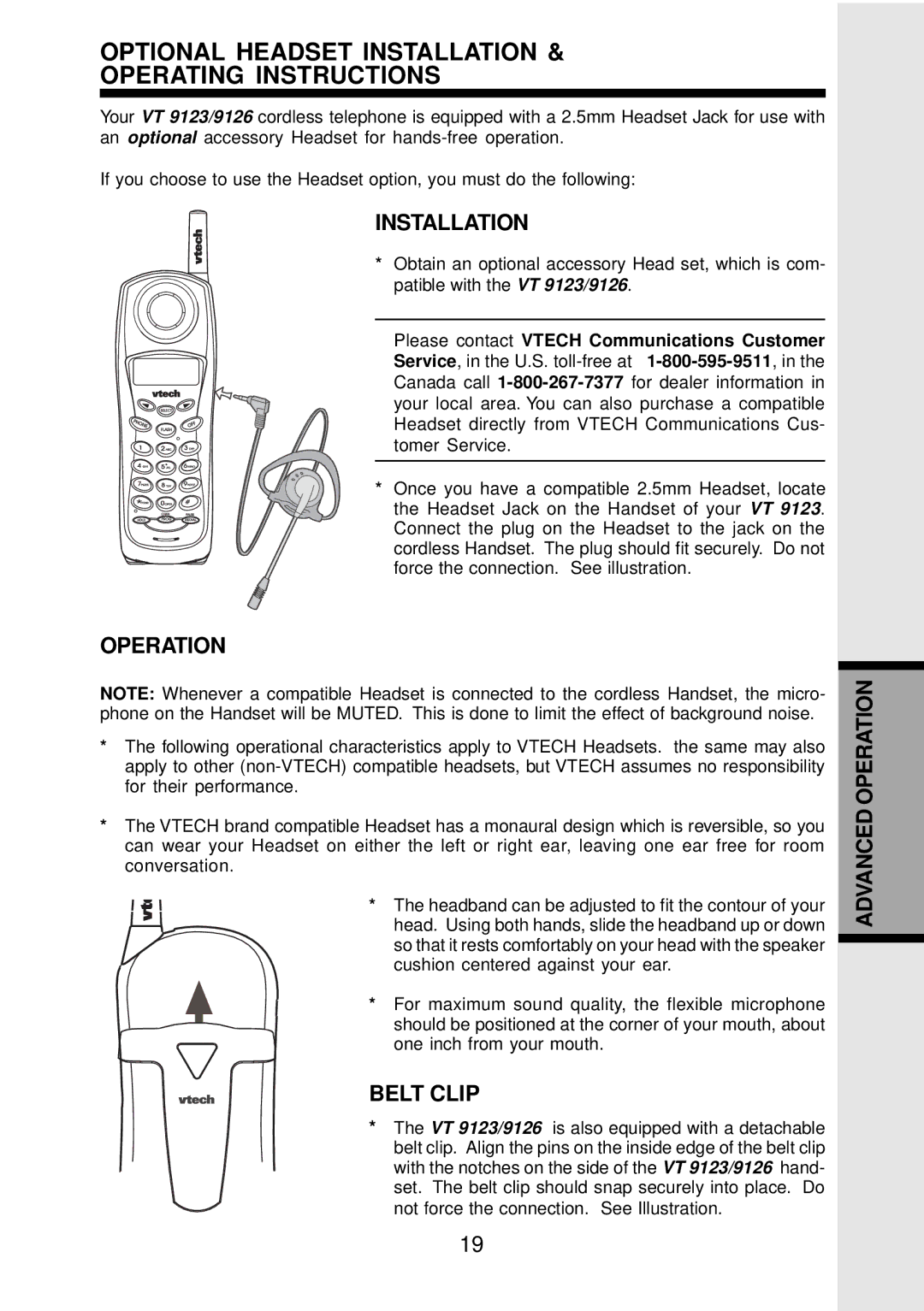 VTech VT 9123, 9126 important safety instructions Installation, Operation, Belt Clip 