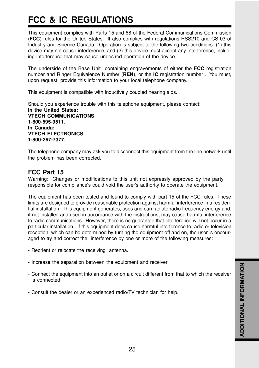 VTech VT 9123, 9126 important safety instructions FCC & IC Regulations, FCC Part, United States, Canada Vtech Electronics 