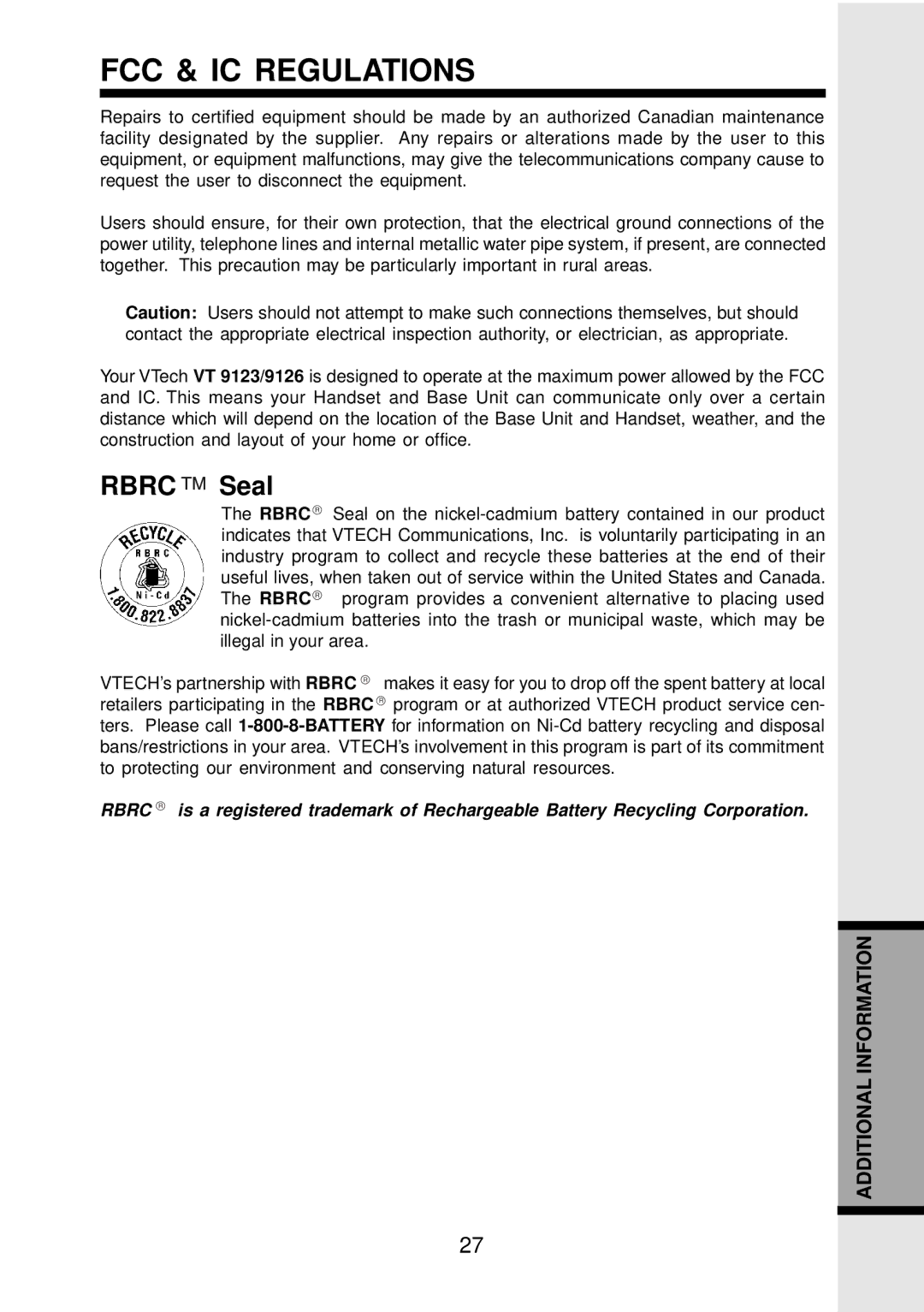 VTech VT 9123, 9126 important safety instructions Rbrc R 