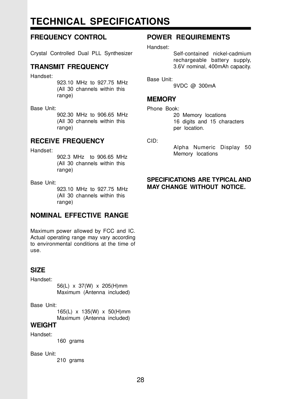 VTech 9126, VT 9123 important safety instructions Technical Specifications 