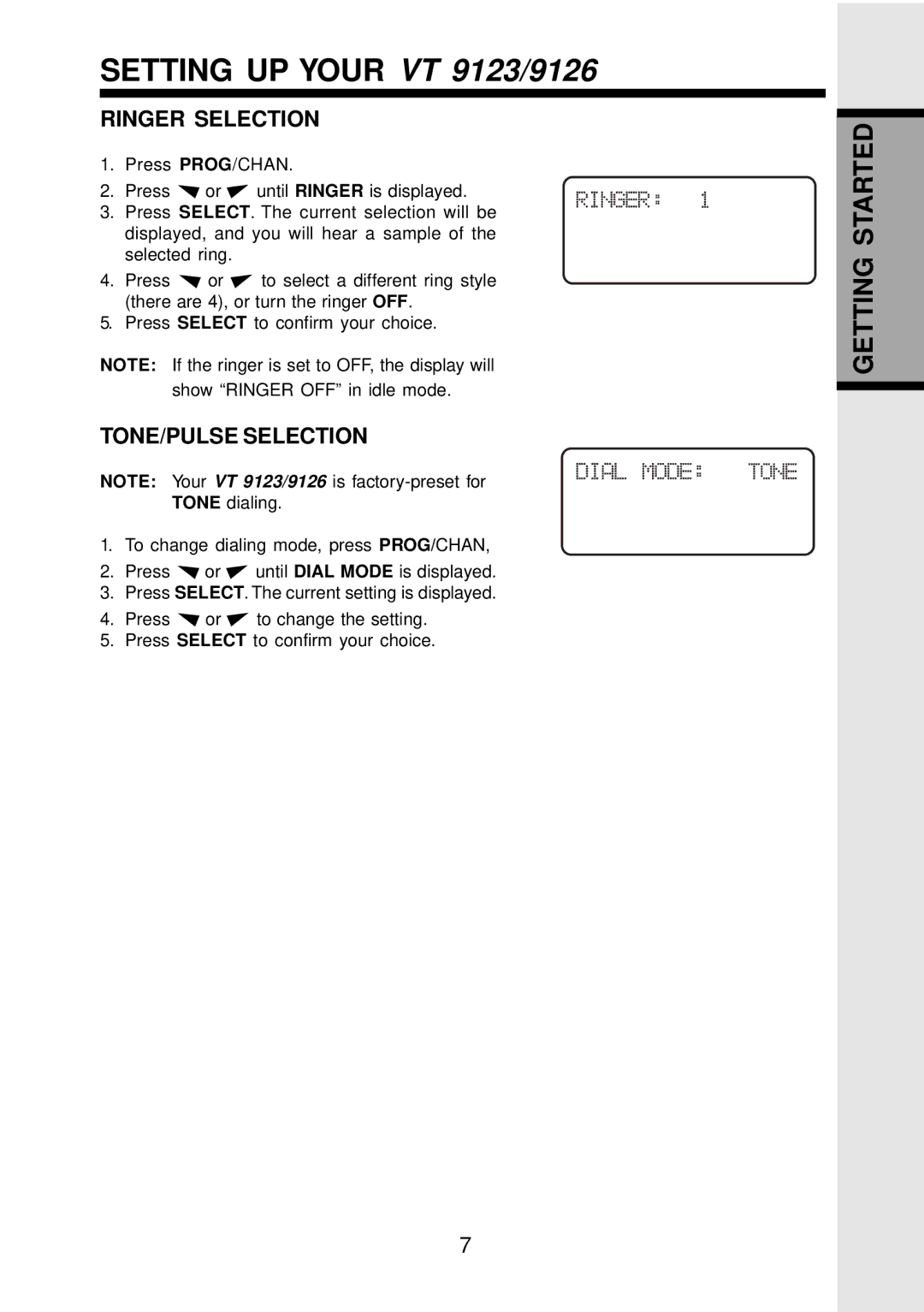 VTech important safety instructions Setting UP Your VT 9123/9126, Ringer Selection, TONE/PULSE Selection 