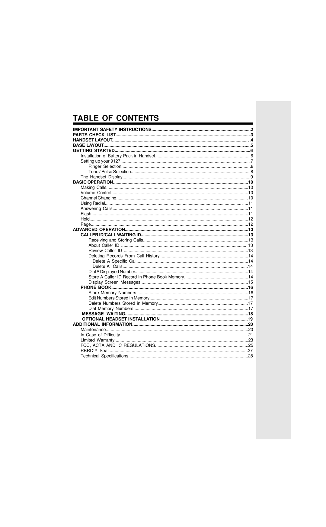 VTech 9127 important safety instructions Table of Contents 