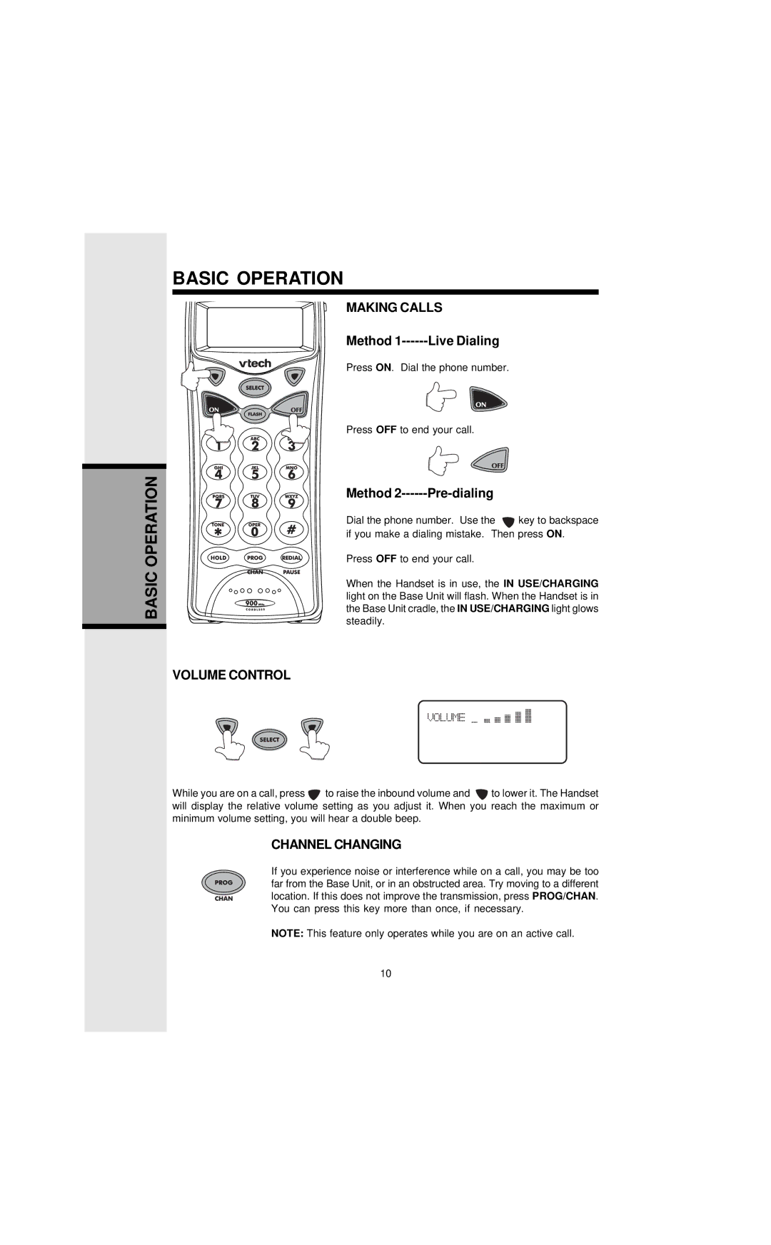 VTech 9127 important safety instructions Basic Operation, Making Calls, Volume Control, Channel Changing 