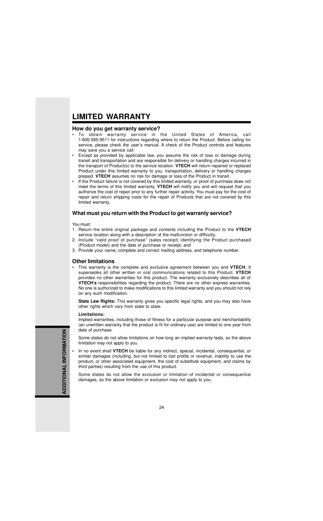 VTech 9127 important safety instructions How do you get warranty service?, Limitations 