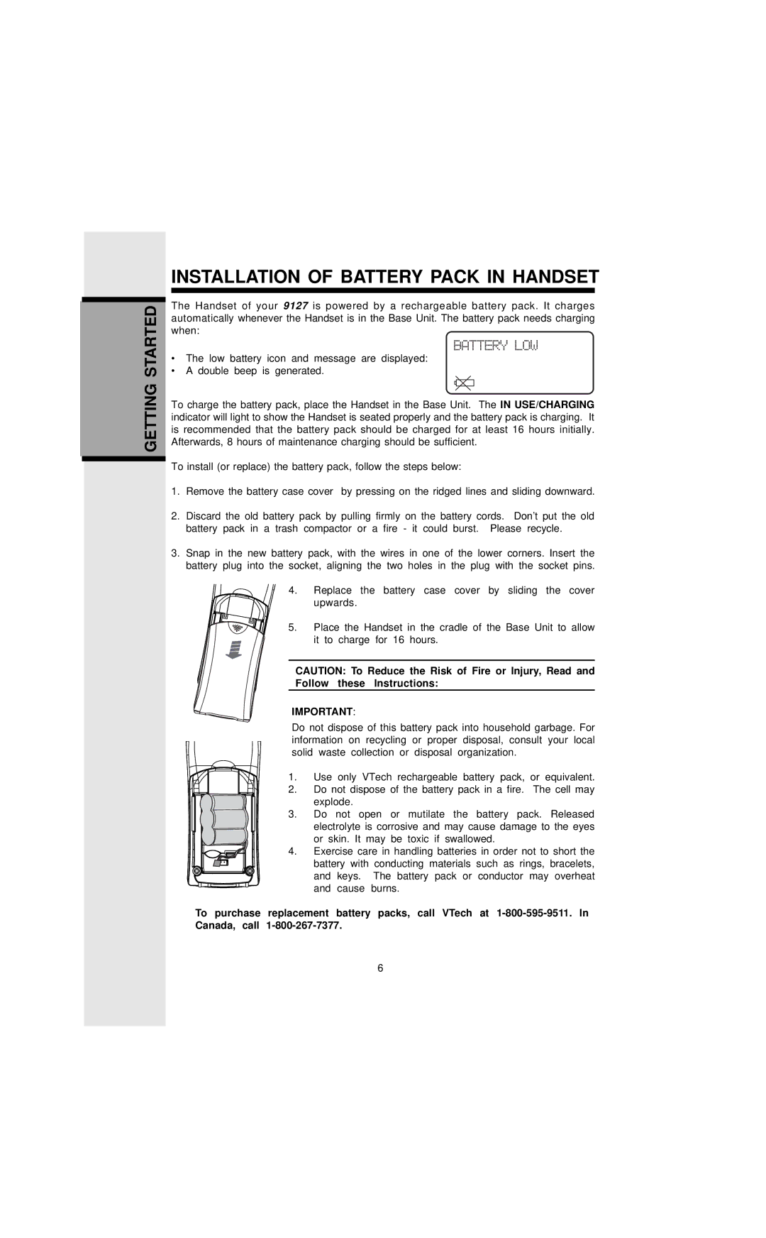 VTech 9127 important safety instructions Installation of Battery Pack in Handset, Follow these Instructions 