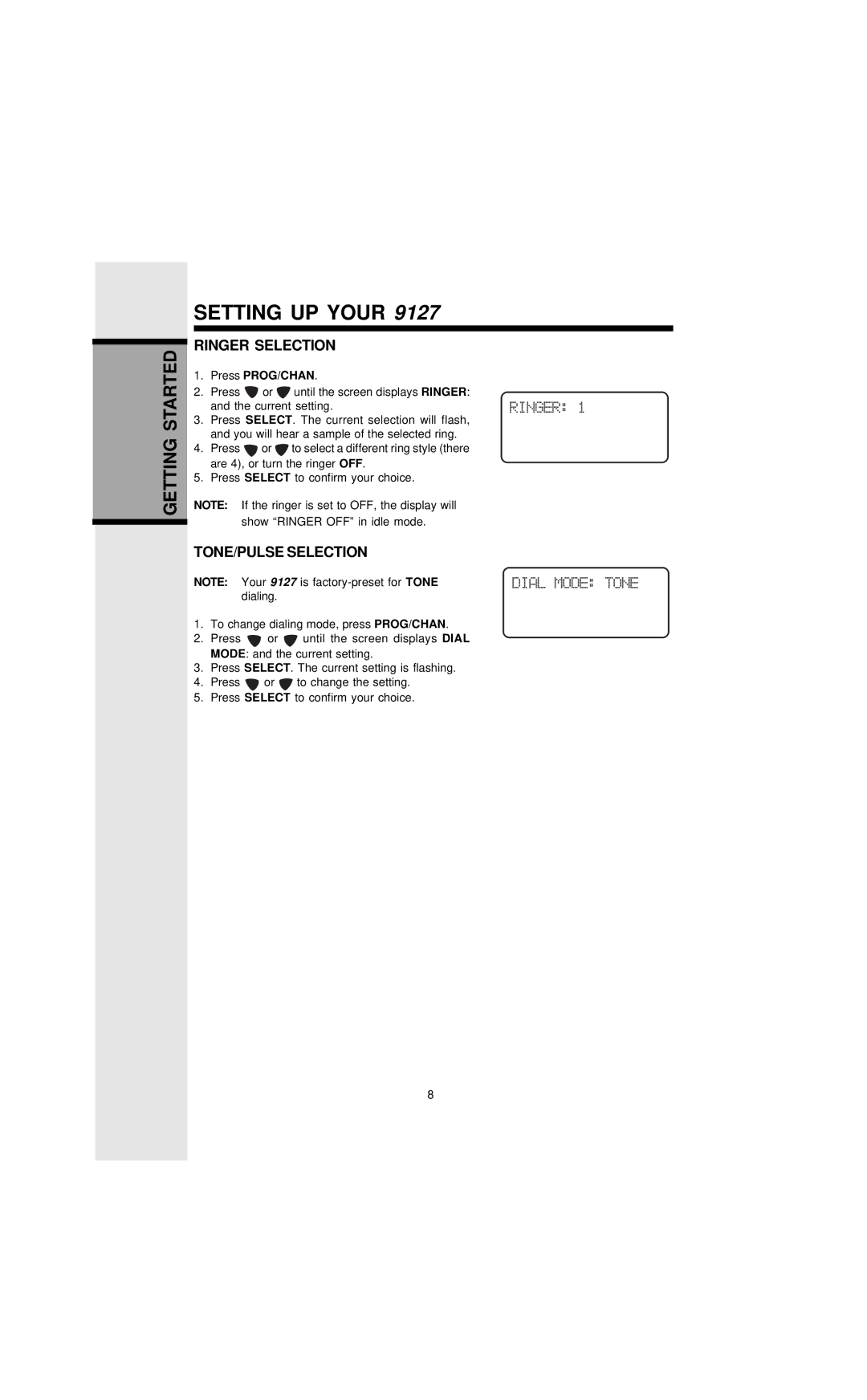 VTech 9127 important safety instructions Ringer Selection, TONE/PULSE Selection, Press PROG/CHAN 