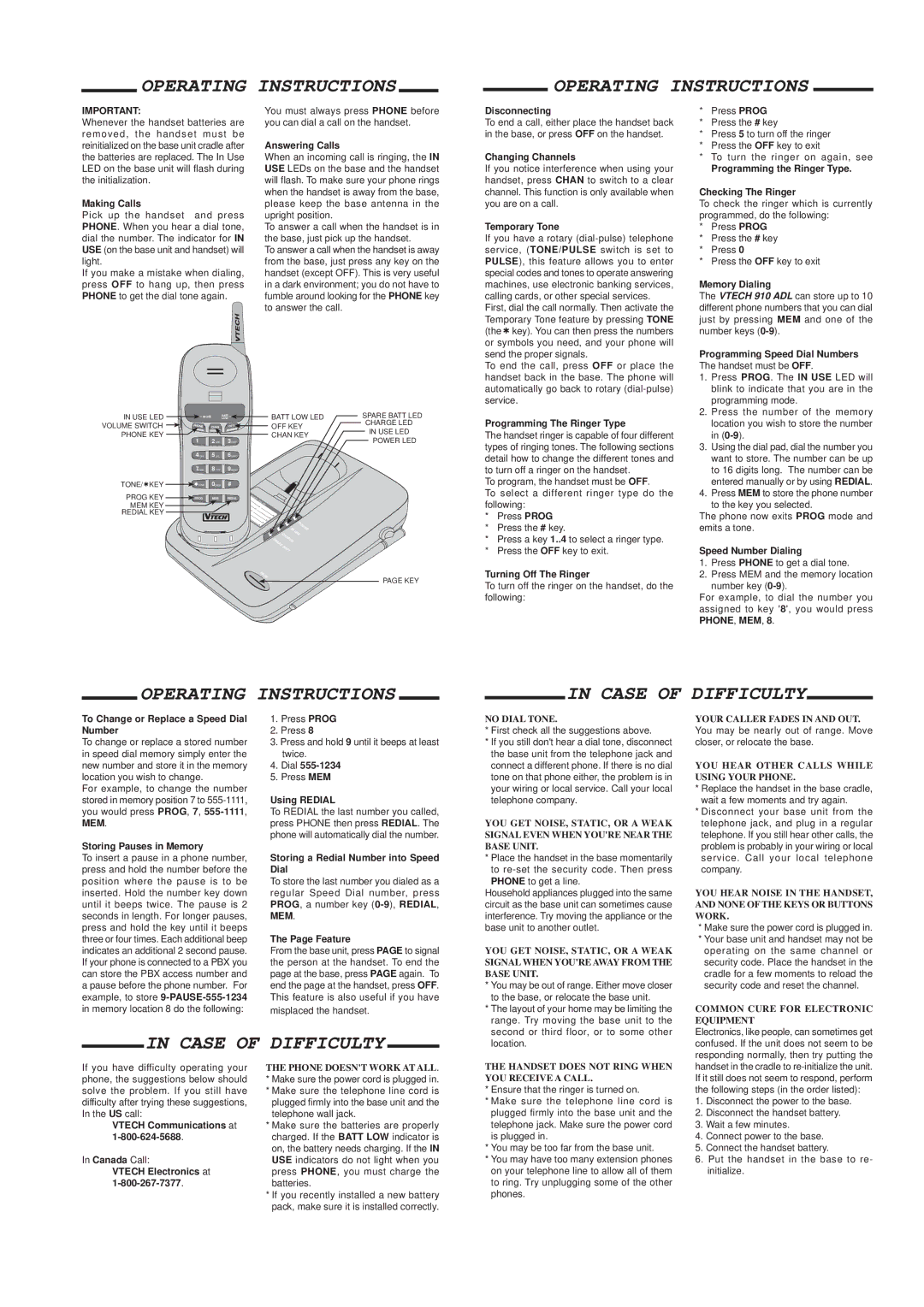 VTech 910 ADL, 915 ADL important safety instructions Operating Instructions Case of Difficulty 