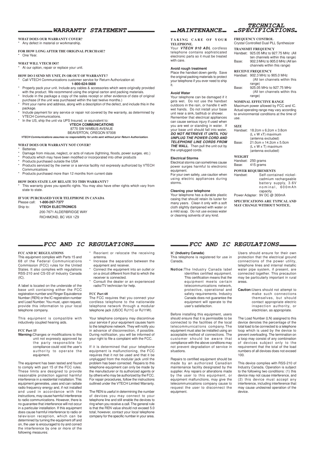 VTech 915 ADL, 910 ADL Warranty Statement, Maintenance, Technical Specifications, FCC and IC Regulations 