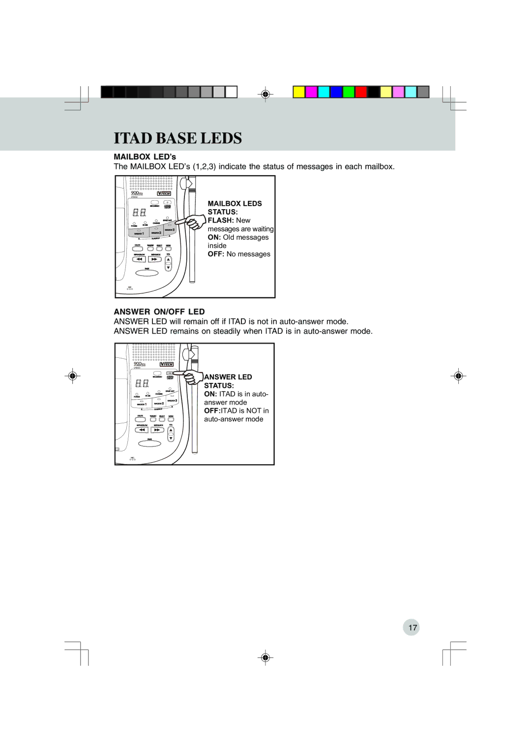 VTech VT 9155, 9151 important safety instructions Itad Base Leds, Mailbox LED’s, Answer ON/OFF LED 