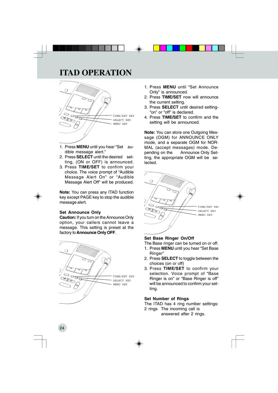 VTech 9151, VT 9155 important safety instructions Set Announce Only, Set Base Ringer On/Off, Set Number of Rings 