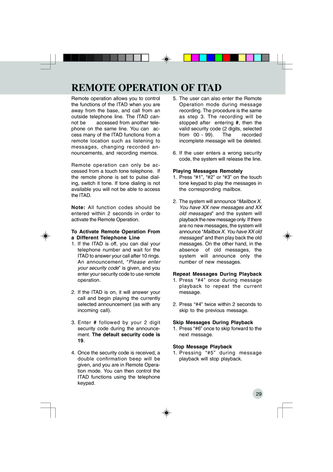 VTech VT 9155 Remote Operation of Itad, Playing Messages Remotely, Repeat Messages During Playback, Stop Message Playback 