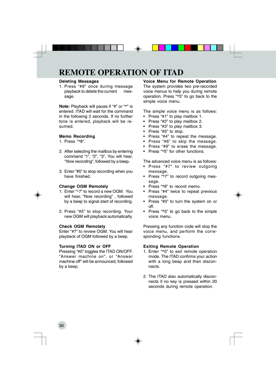 VTech 9151 Memo Recording, Change OGM Remotely, Check OGM Remotely, Turning Itad on or OFF, Exiting Remote Operation 