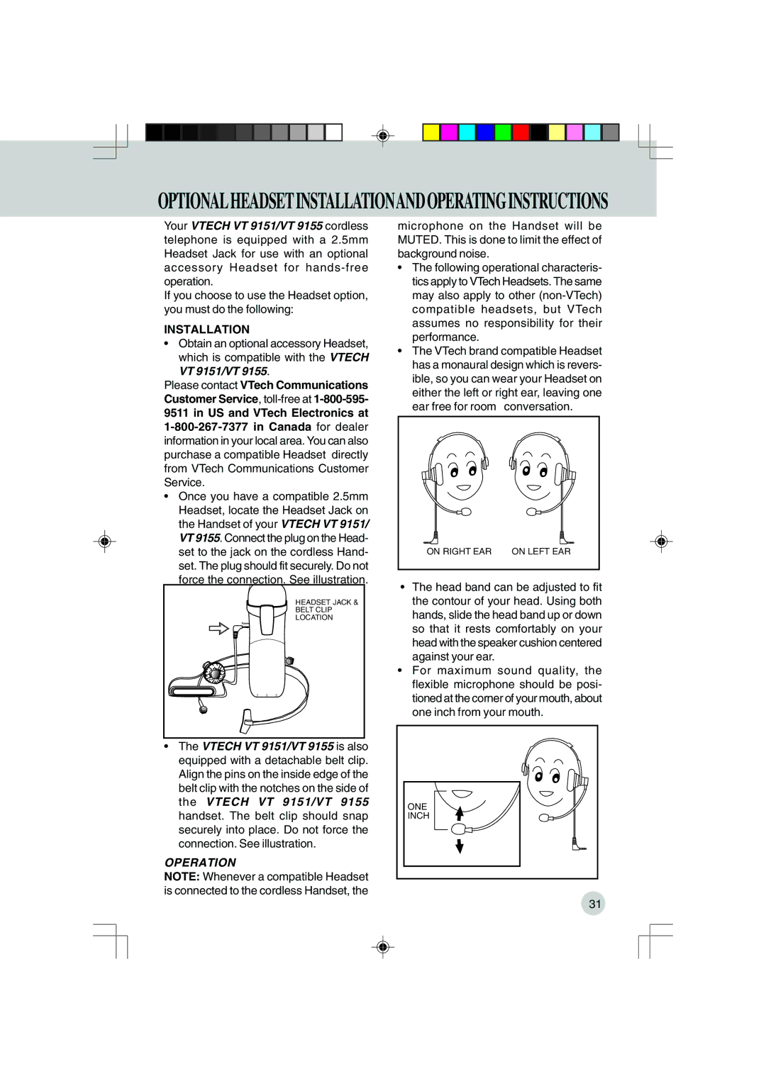 VTech VT 9155, 9151 important safety instructions Optionalheadsetinstallationandoperatinginstructions, Installation 