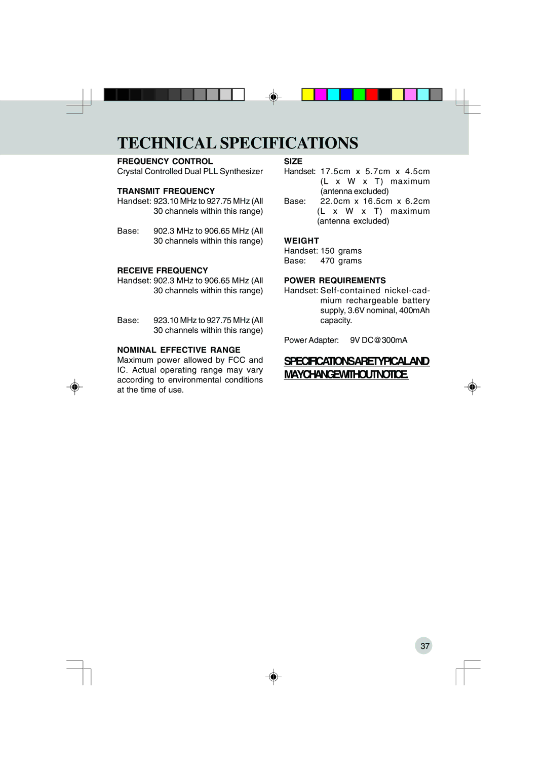 VTech VT 9155, 9151 important safety instructions Technical Specifications 