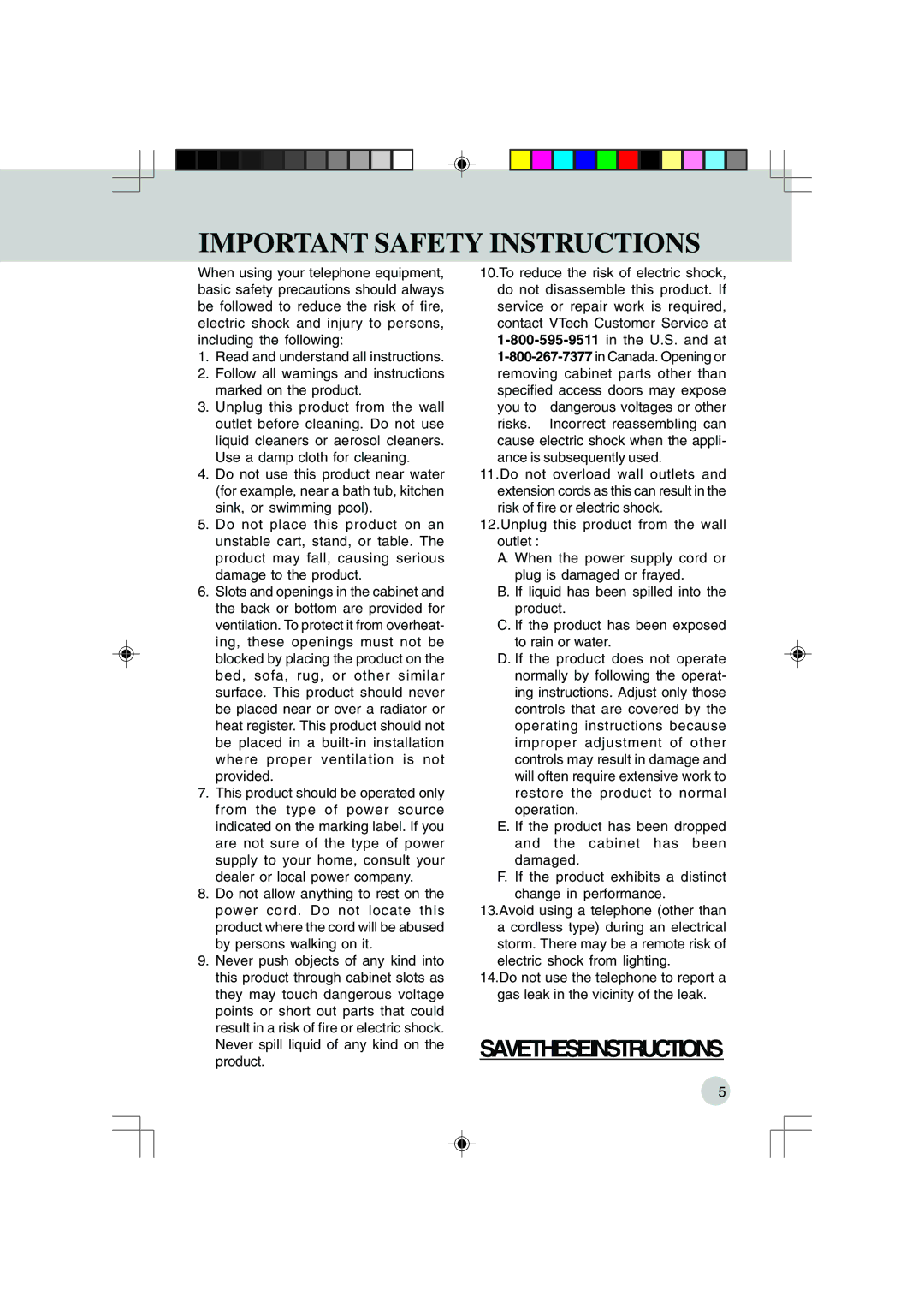 VTech VT 9155, 9151 important safety instructions Important Safety Instructions 