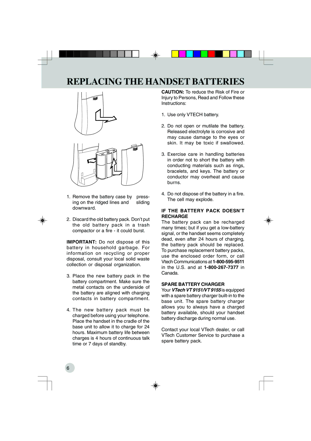 VTech 9151, VT 9155 Replacing the Handset Batteries, If the Battery Pack DOESN’T Recharge, Spare Battery Charger 