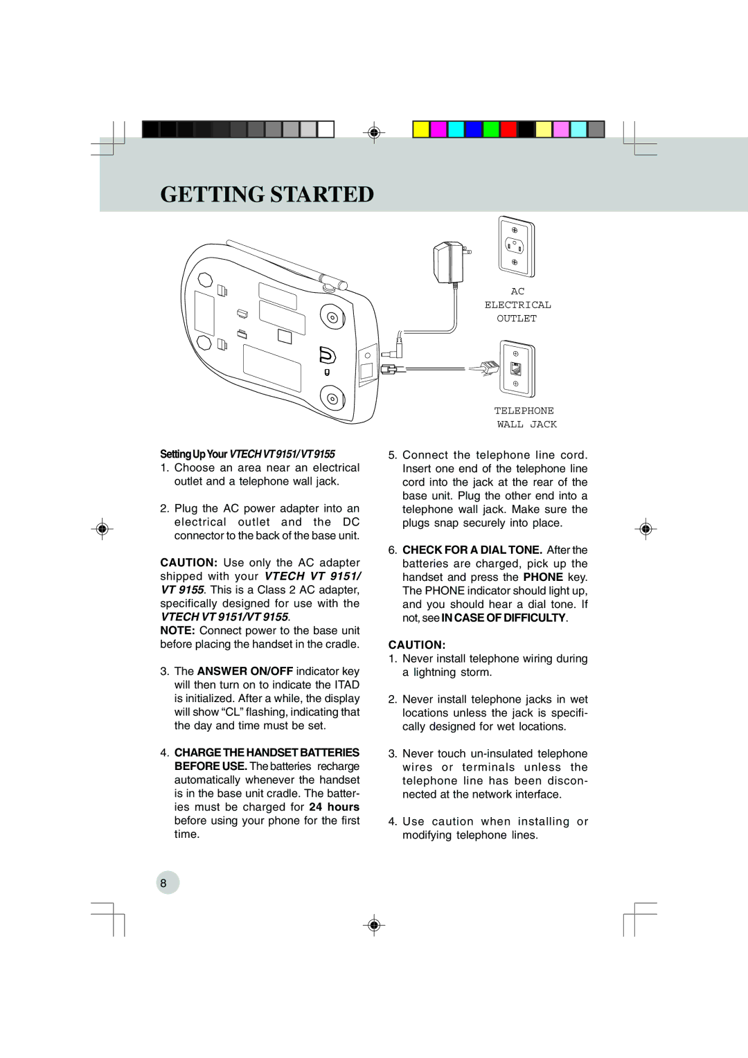 VTech VT 9155 important safety instructions Getting Started, SettingUpYourVTECHVT9151/VT9155 