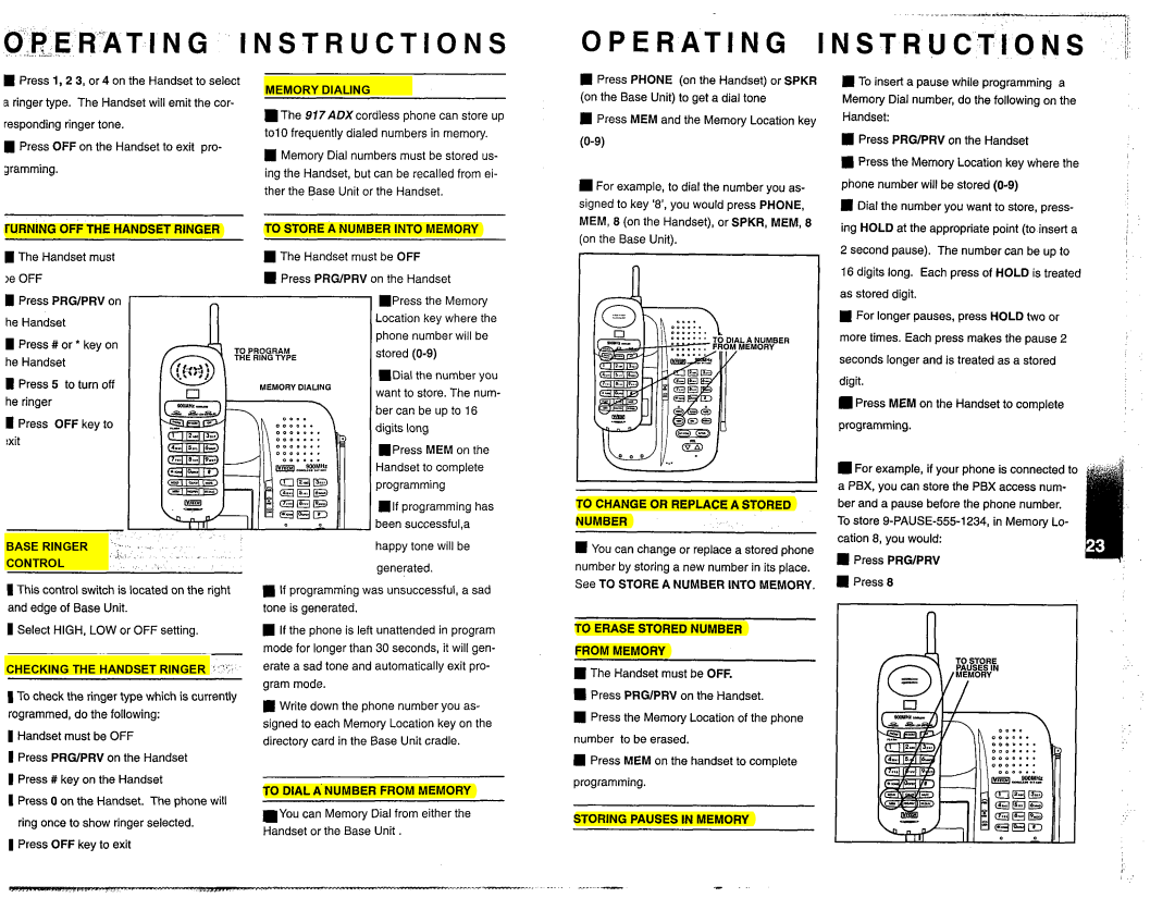 VTech 917ADX manual OP Erating I N S T R U C T I O N S, Base Ringer, Control 