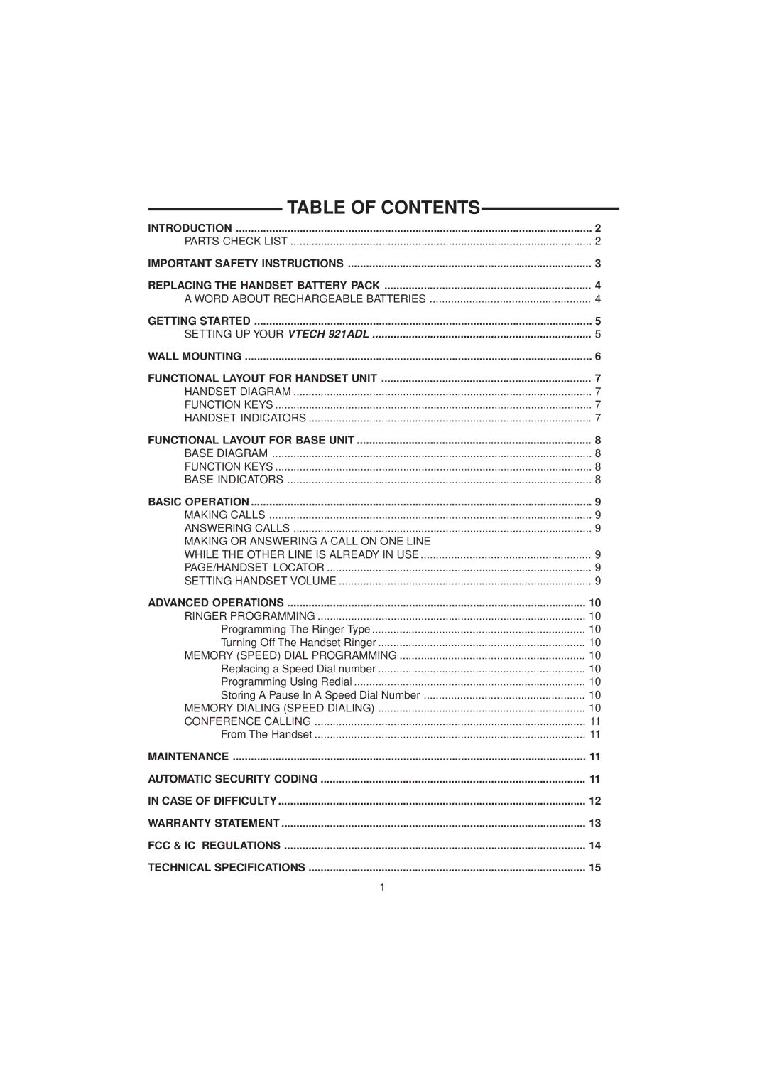 VTech 921 ADL important safety instructions Table of Contents 