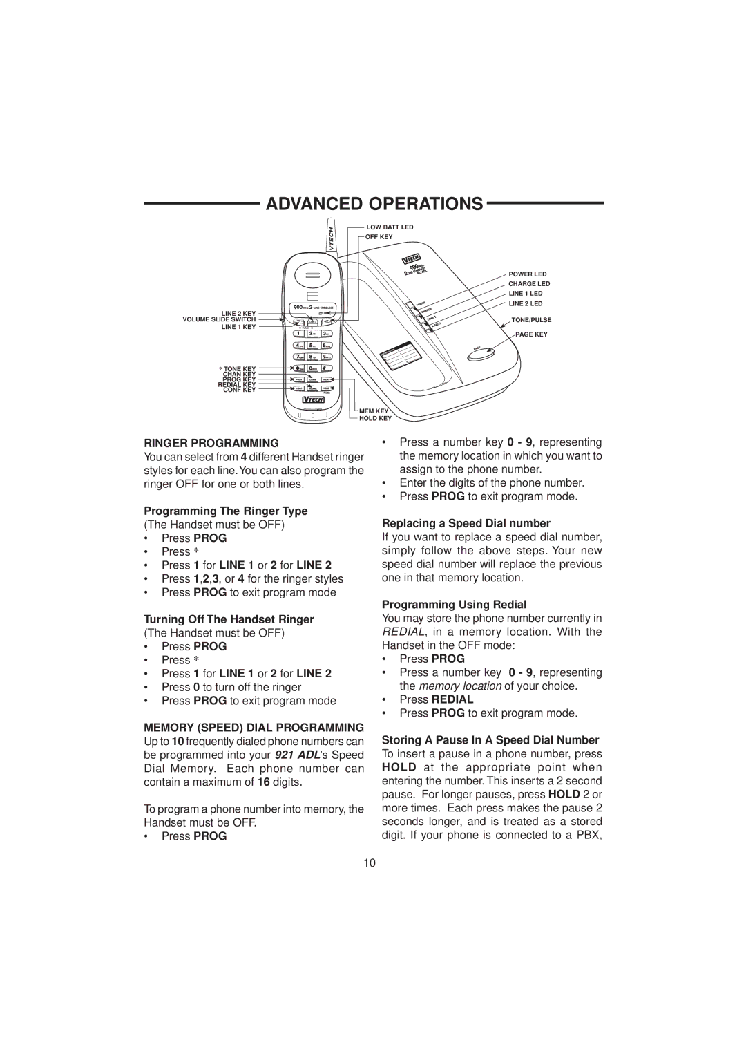 VTech 921 ADL important safety instructions Advanced Operations, Ringer Programming 