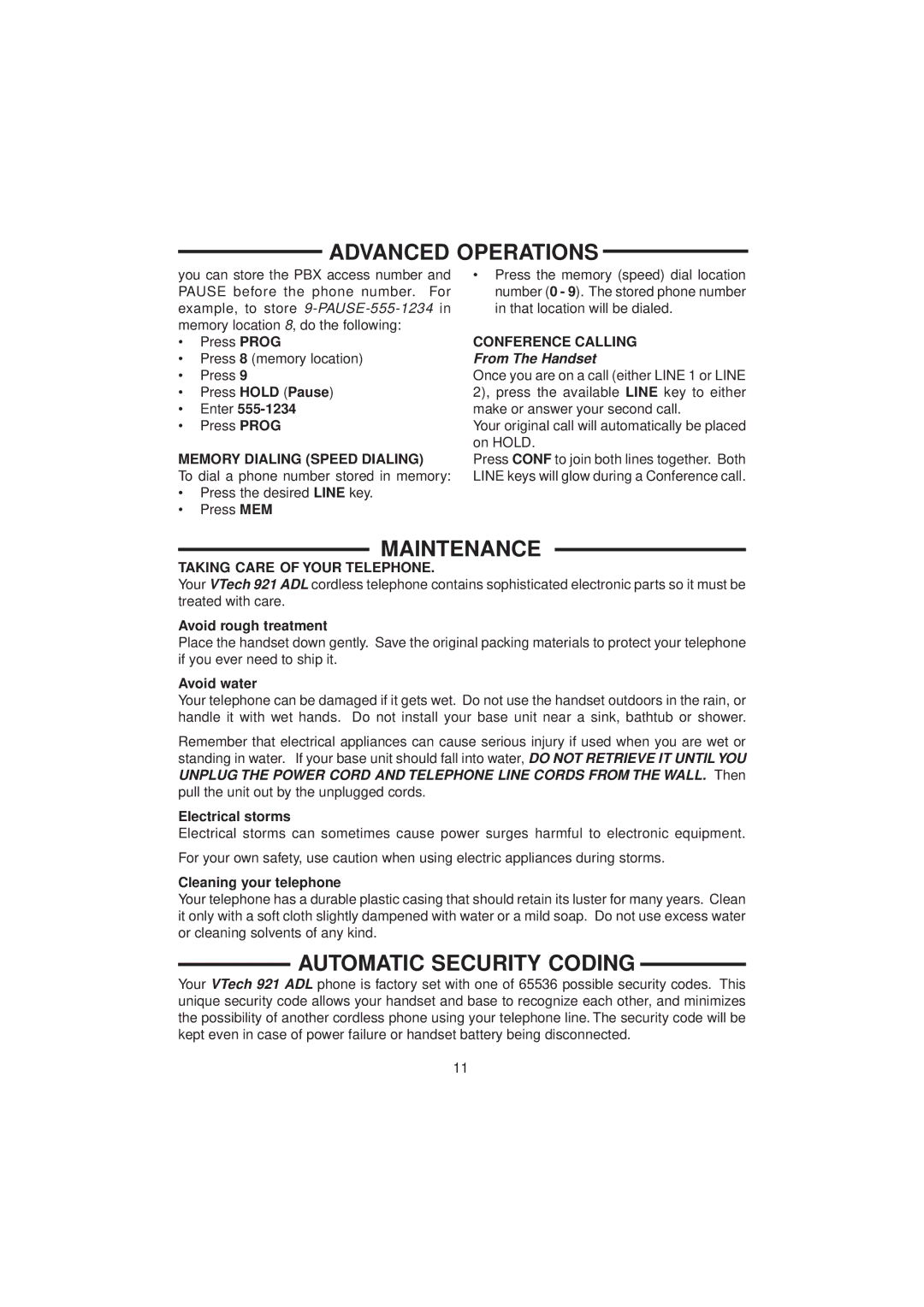 VTech 921 ADL Maintenance, Automatic Security Coding, Memory Dialing Speed Dialing, Conference Calling 