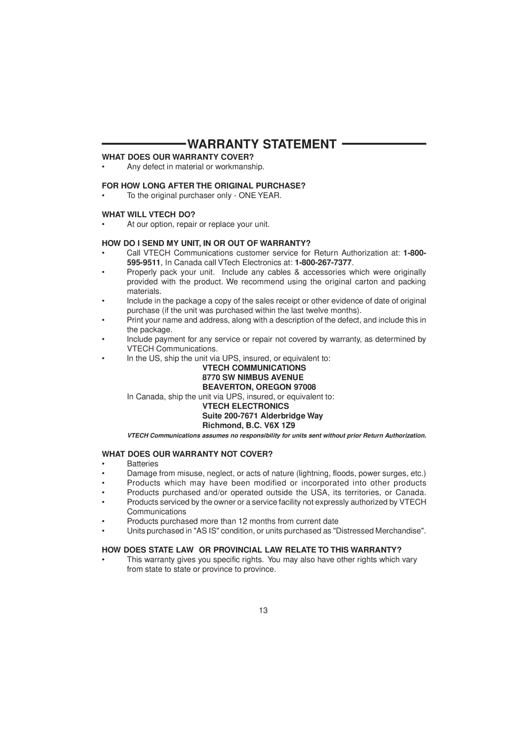 VTech 921 ADL important safety instructions Warranty Statement 