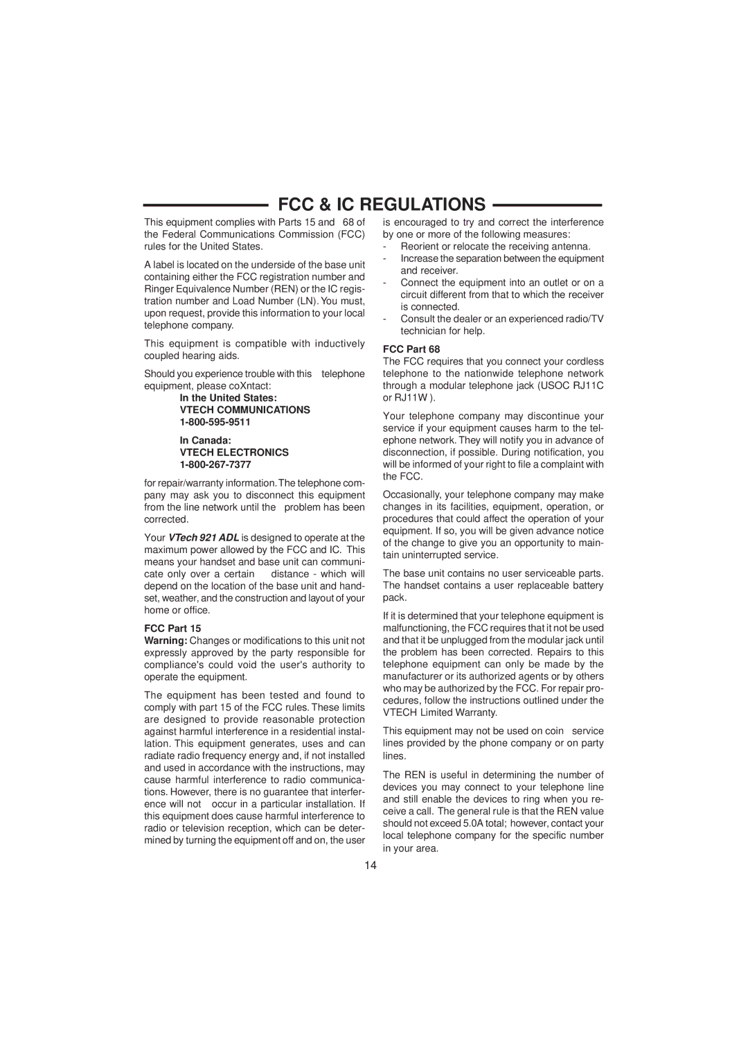 VTech 921 ADL important safety instructions FCC & IC Regulations, Vtech Communications 