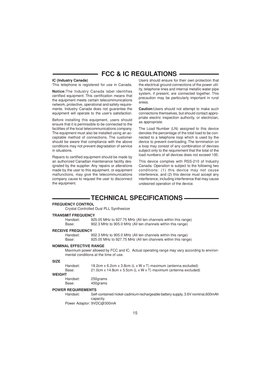 VTech 921 ADL important safety instructions Technical Specifications 