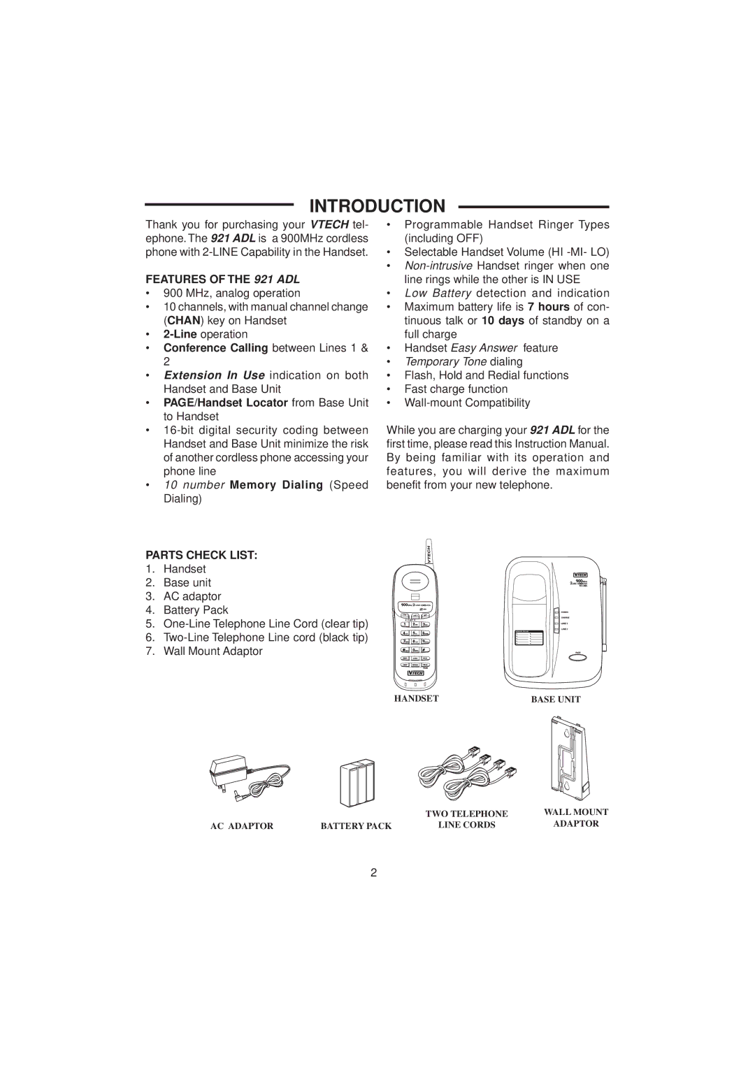 VTech important safety instructions Introduction, Features of the 921 ADL, Parts Check List 