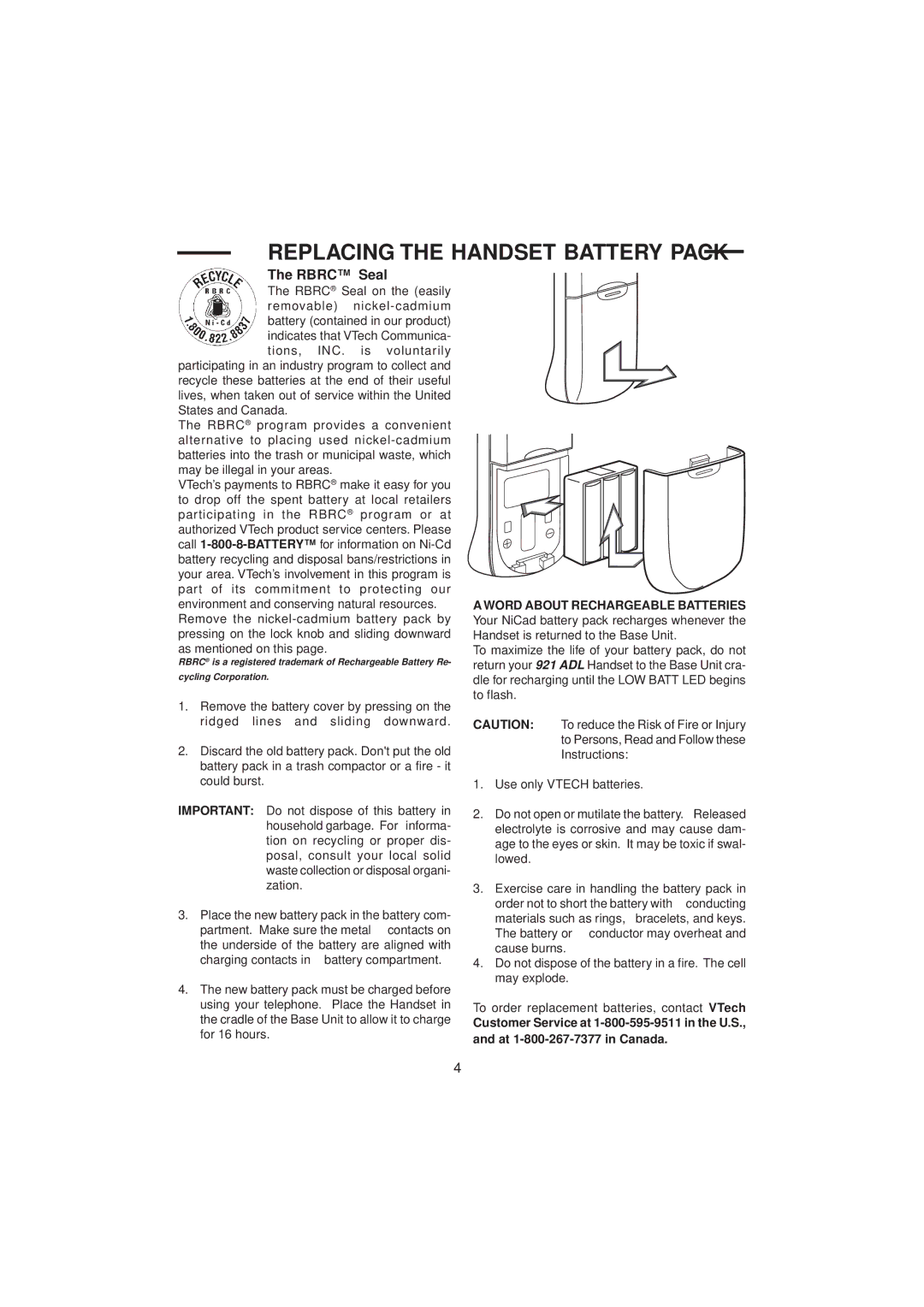 VTech 921 ADL important safety instructions Replacing the Handset Battery Pack, Rbrc Seal 