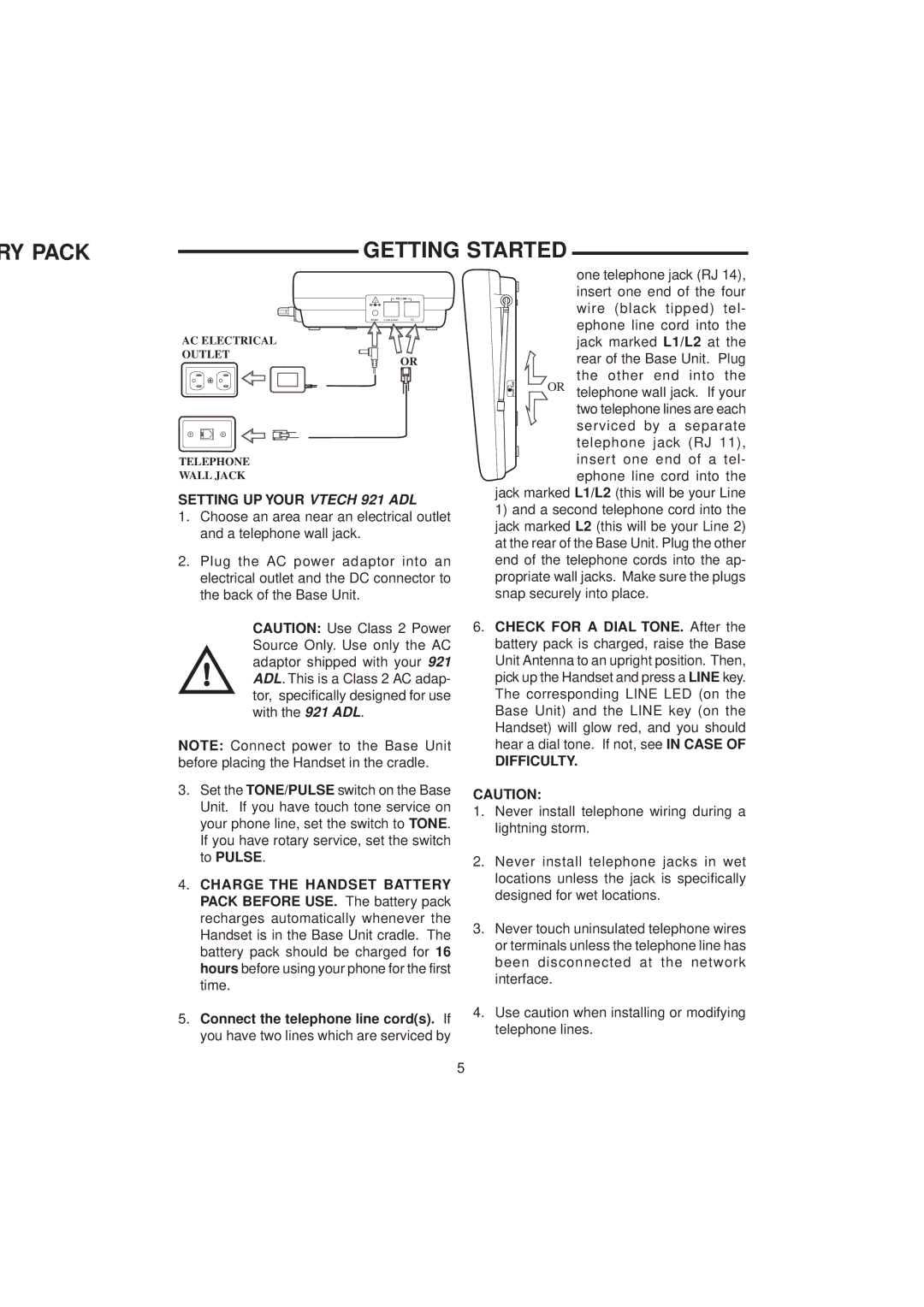 VTech important safety instructions RY Pack, Setting UP Your Vtech 921 ADL, Difficulty 