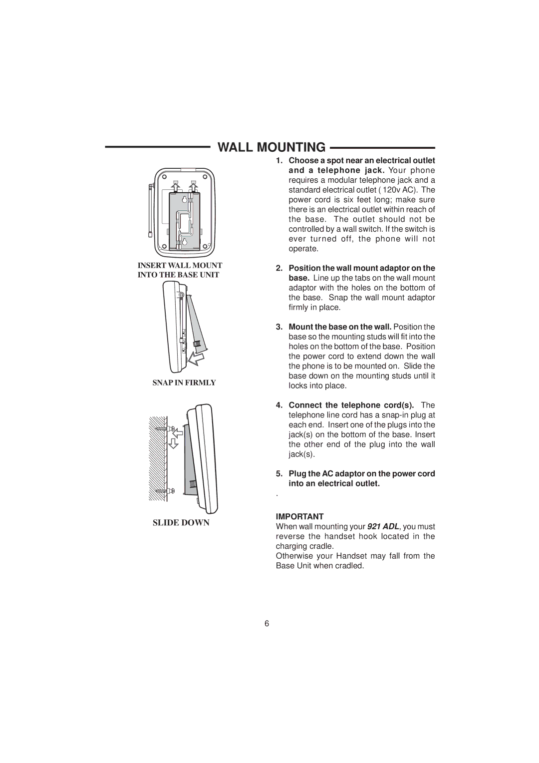 VTech 921 ADL important safety instructions Wall Mounting, Slide Down 